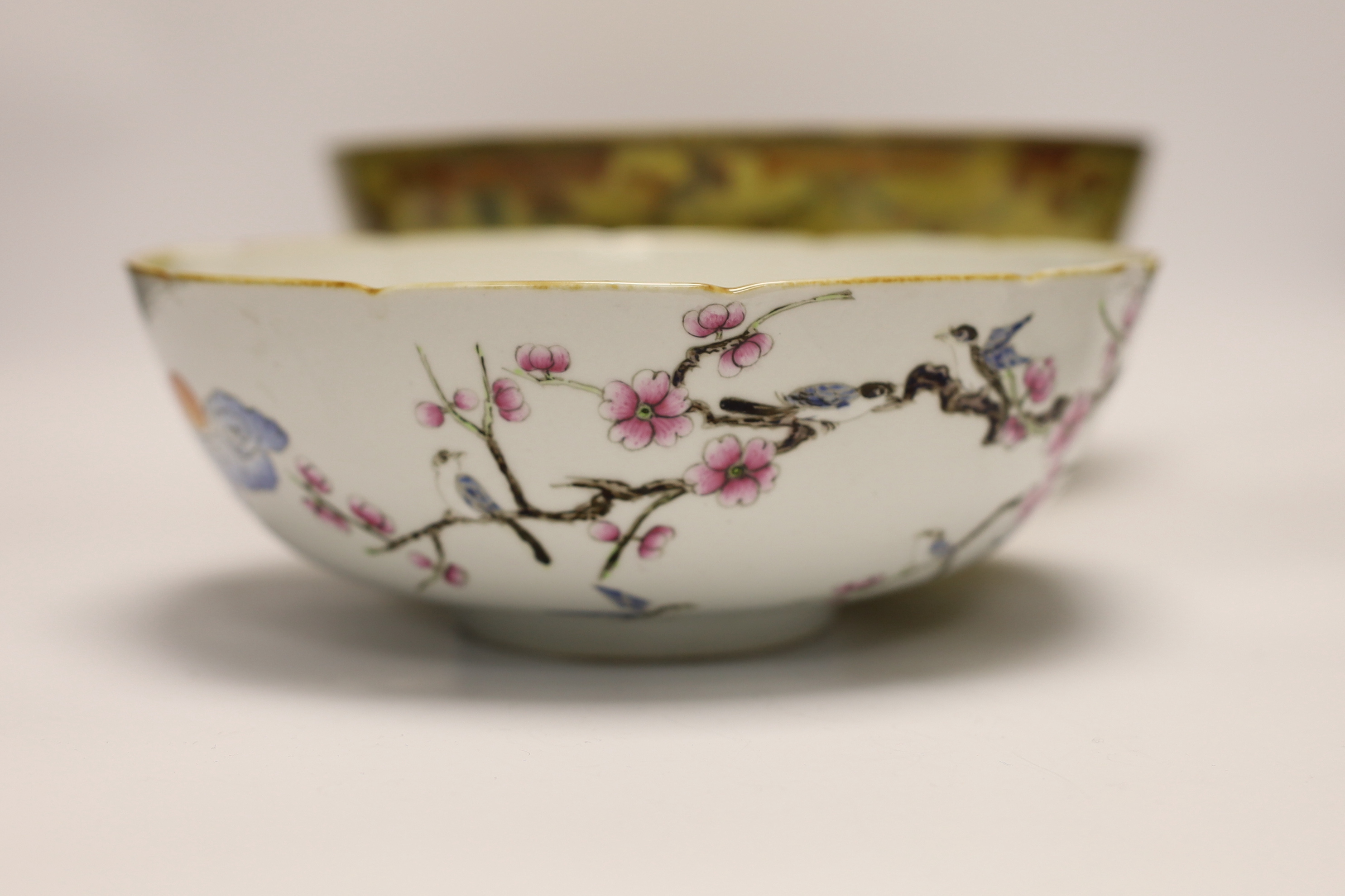 Two Chinese famille rose bowls and a small jardiniere